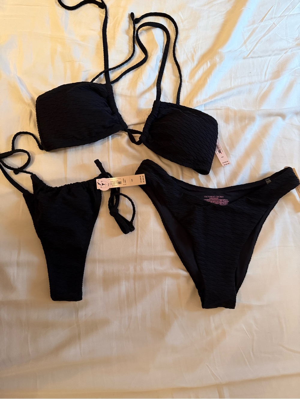 NWT Victoria's Secret Black Textured Bandeau, Brazilian, & Thong Bikini Set Sz M